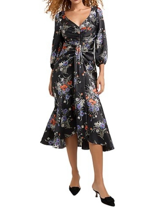 cinq a sept Dresses & Skirts - cinq a sept Black Floral Three Quarter Sleeve Walker Wrap Midi Dress - Size 0
